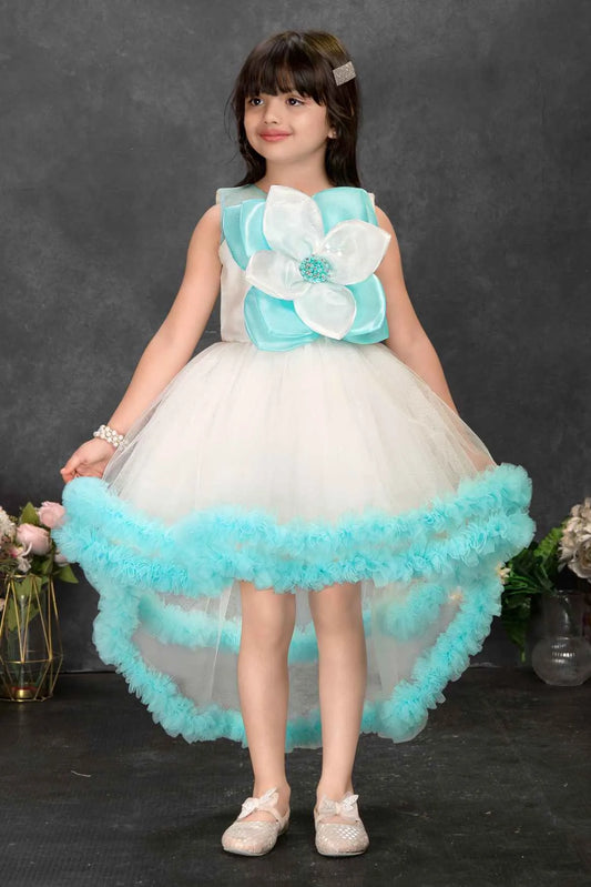 Off-White and Blue High-Low Party Frock with 3D Flower Appliqué For Girls