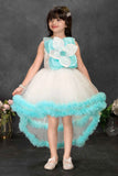 Off-White and Blue High-Low Party Frock with 3D Flower Appliqué For Girls