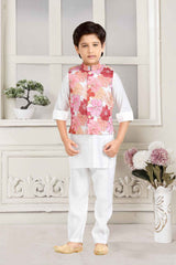 White Kurta Set With Floral Printed Overcoat For Boys