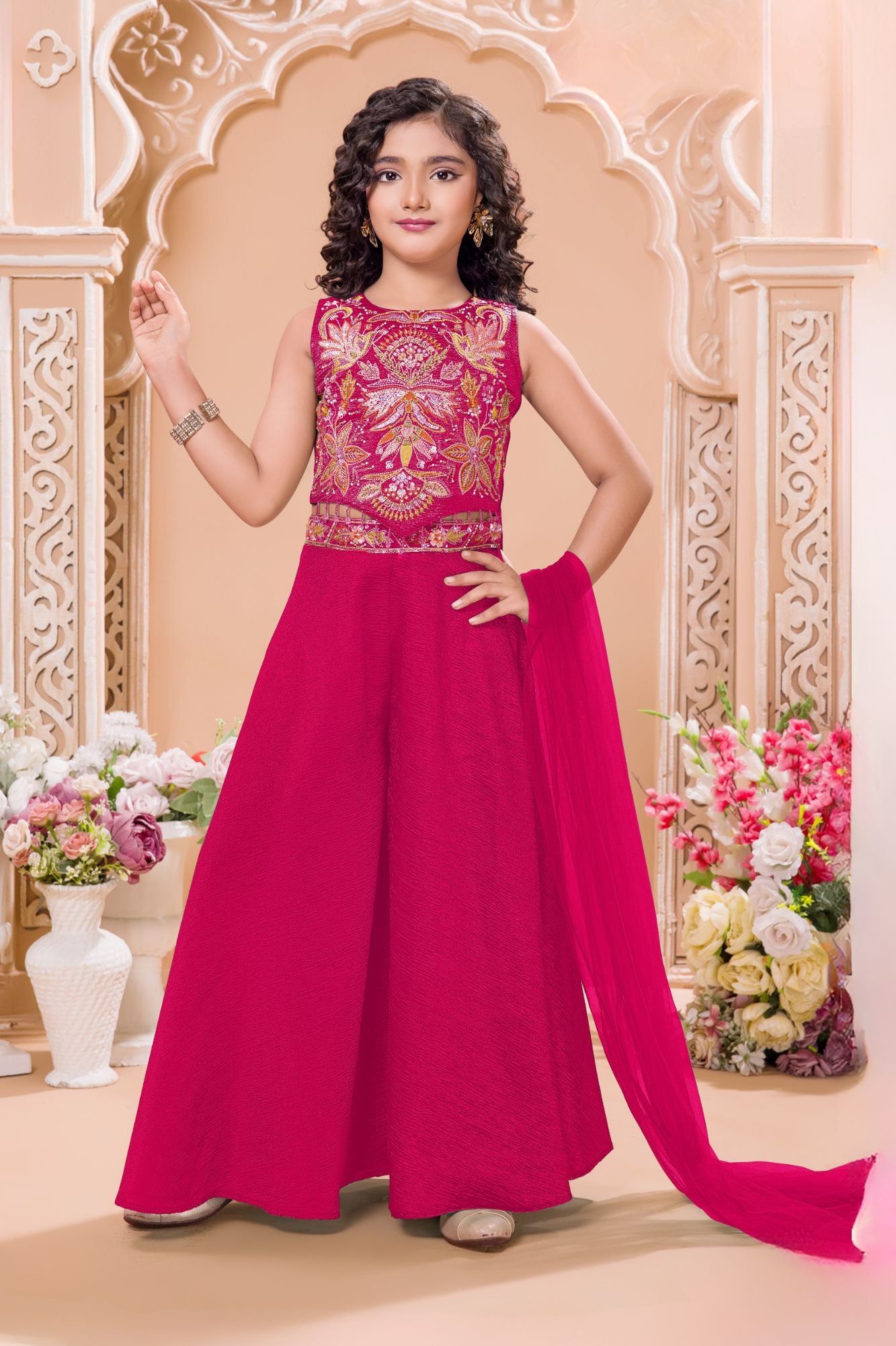 Rani Pink Sequins Work With Thread Embroidery For Palazzo Set For Girls