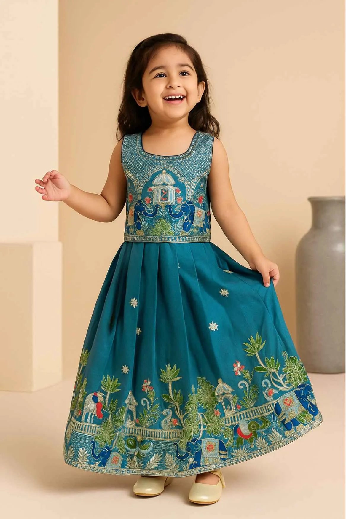 Teal Green Floral Lehenga Choli Set For Girls