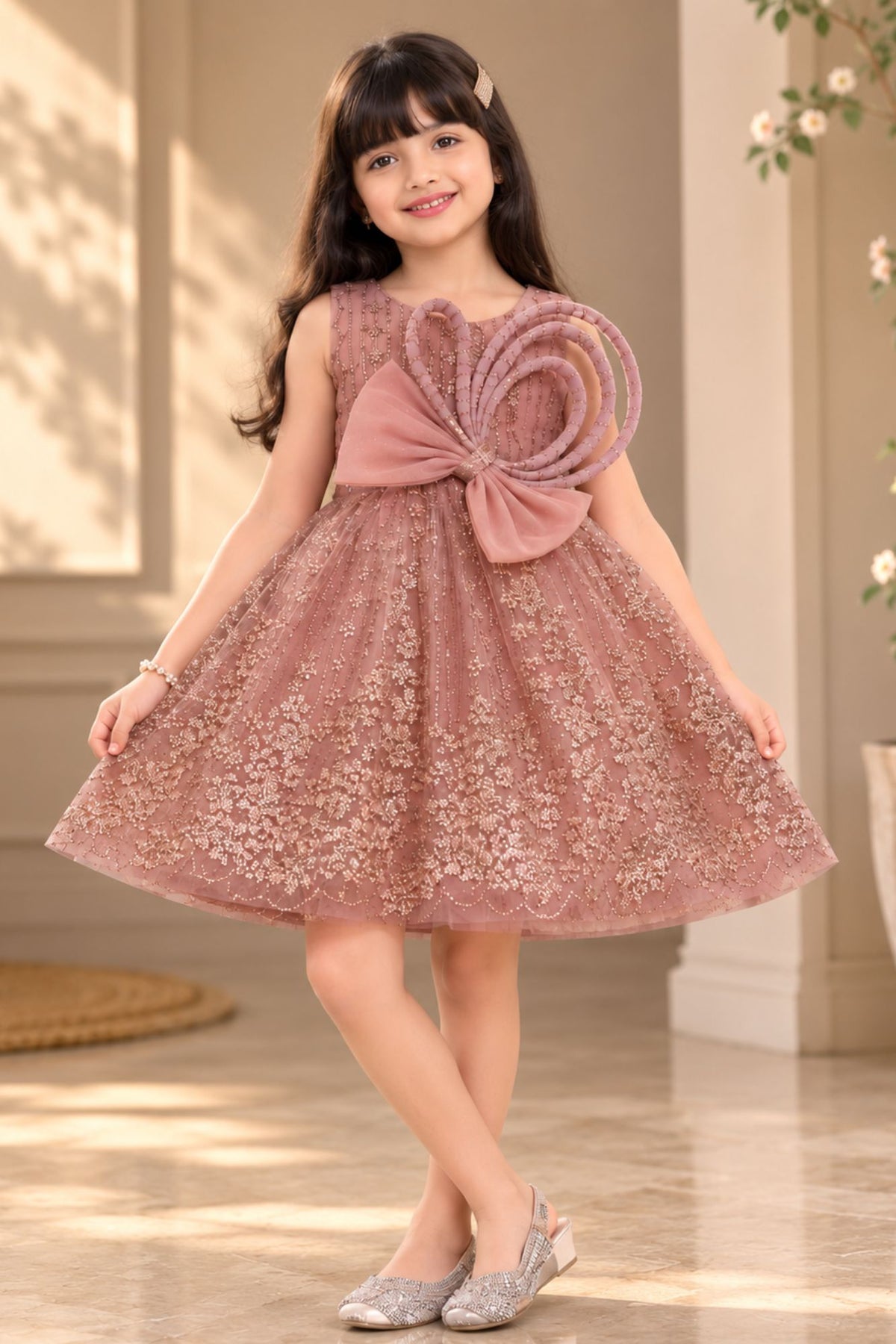 Peach Frock With Bow Embellished And Shimmer Printed For Girls
