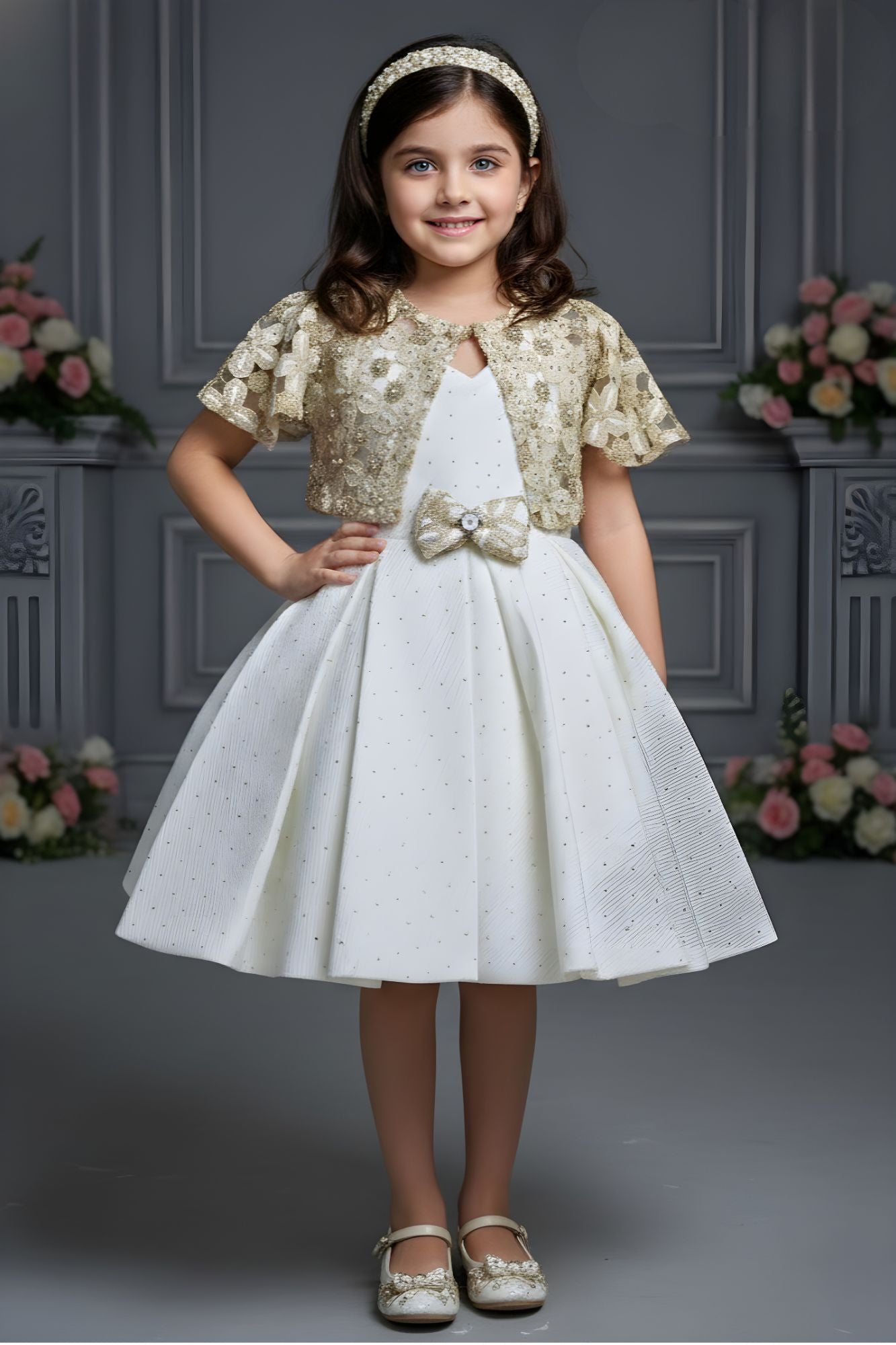 Ivory Party Frock with Gold Embellished Shrug And Bow Waist Accent For Girls