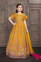 Mustard Printed Gown With Golden Embroidery For Girls