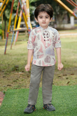 Beige Printed Shirt And Pant Set For Boys