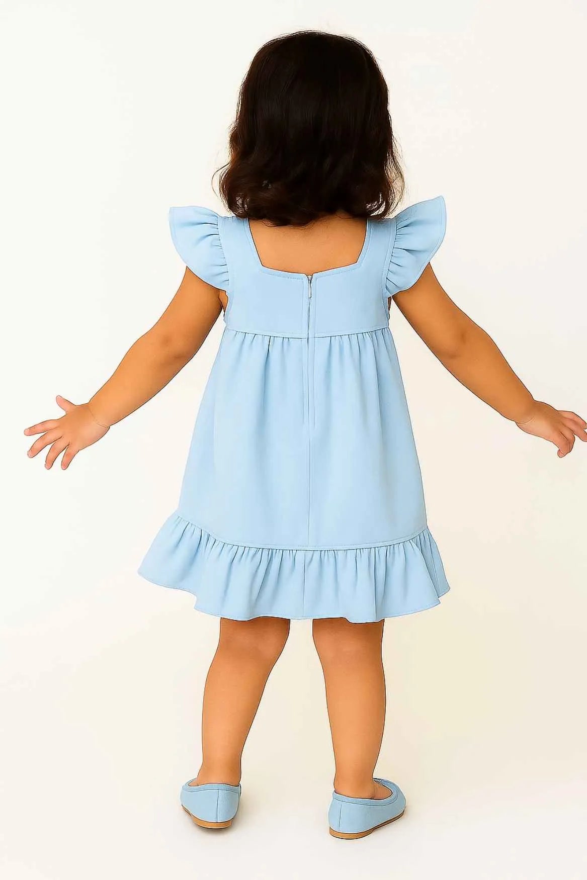 Sky Blue Cotton Dress with 3D Flower Appliqué For Girls