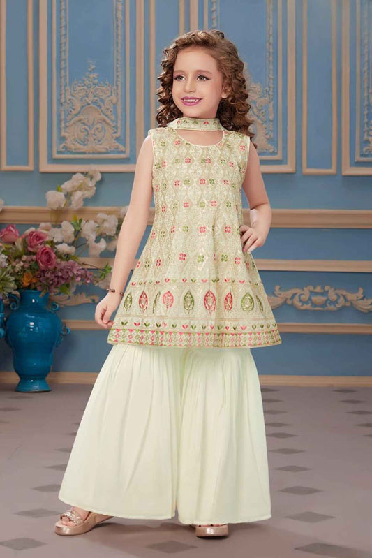 Cream Sequins And Embroidery Sharara Set For Girls