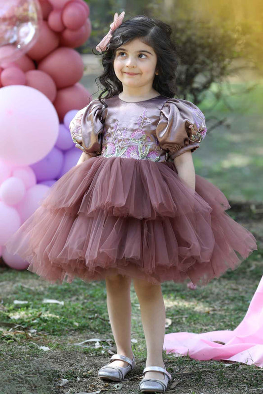 Brown Sequins Work Layered Party Wear Frock For Girls