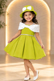Green Off-Shoulder Bow Party Wear Frock with Matching Hat For Girls