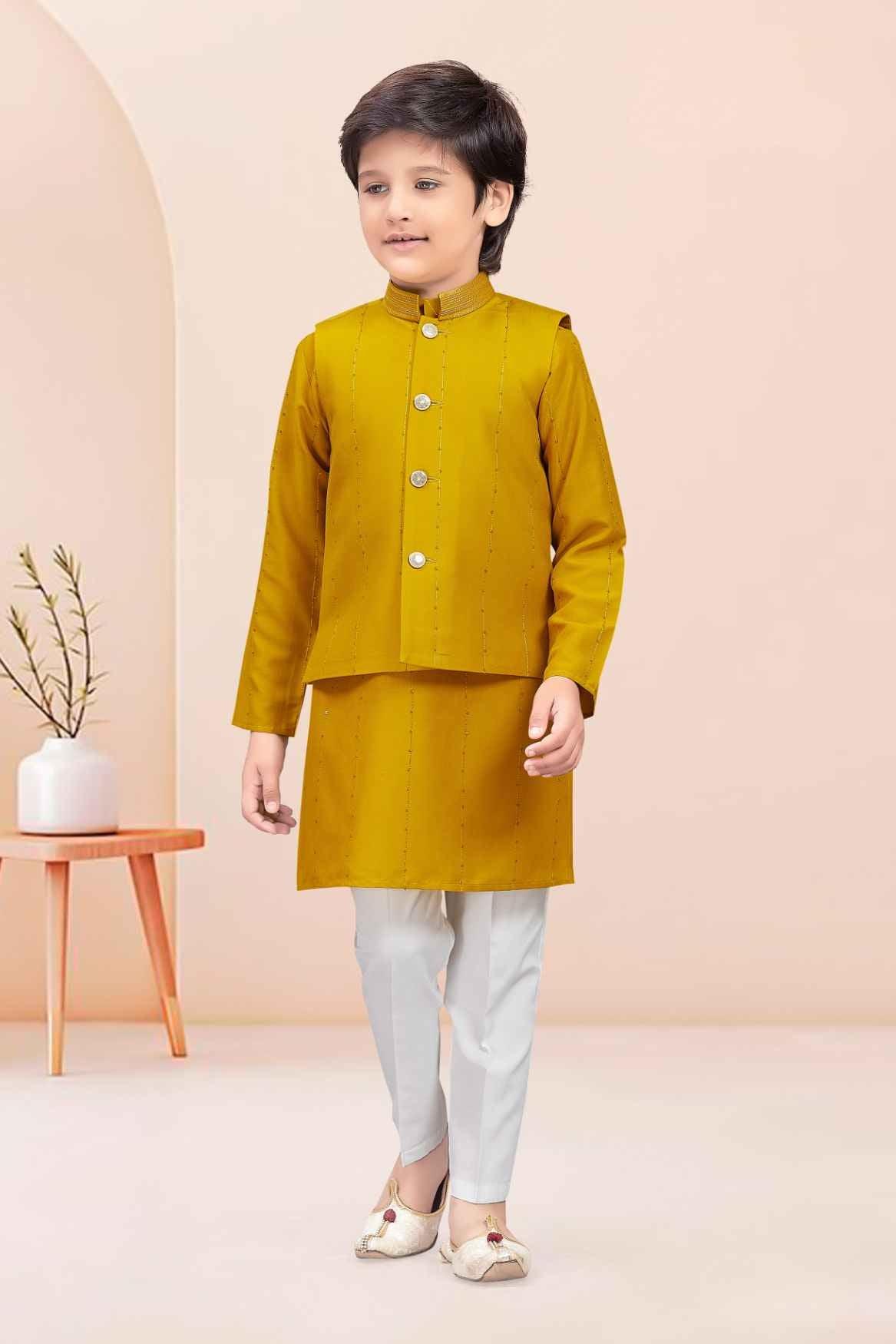 Classic Mustard Kurta Set With Bandi For Boys - Lagorii Kids