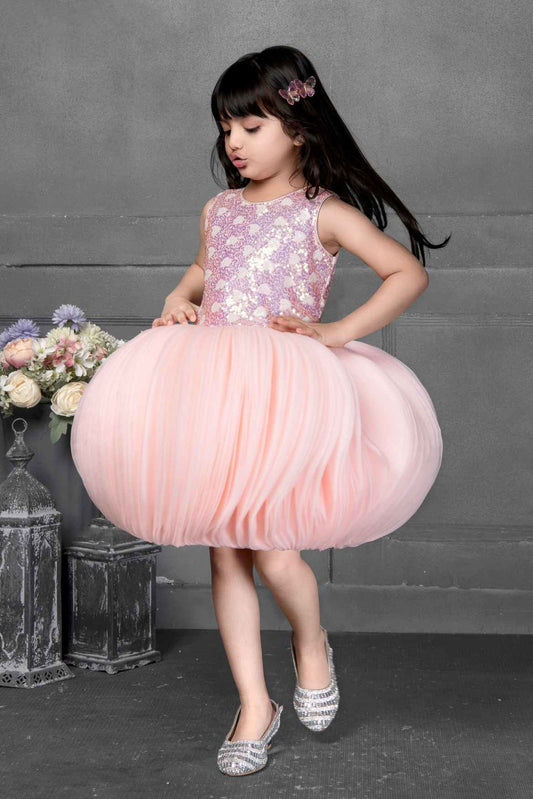 Elegant Peach Ballon Frock With Sequin Work For Girls