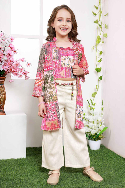 Pink Floral Printed Overcoat And Crop Top With Cream Pant Set For Girls