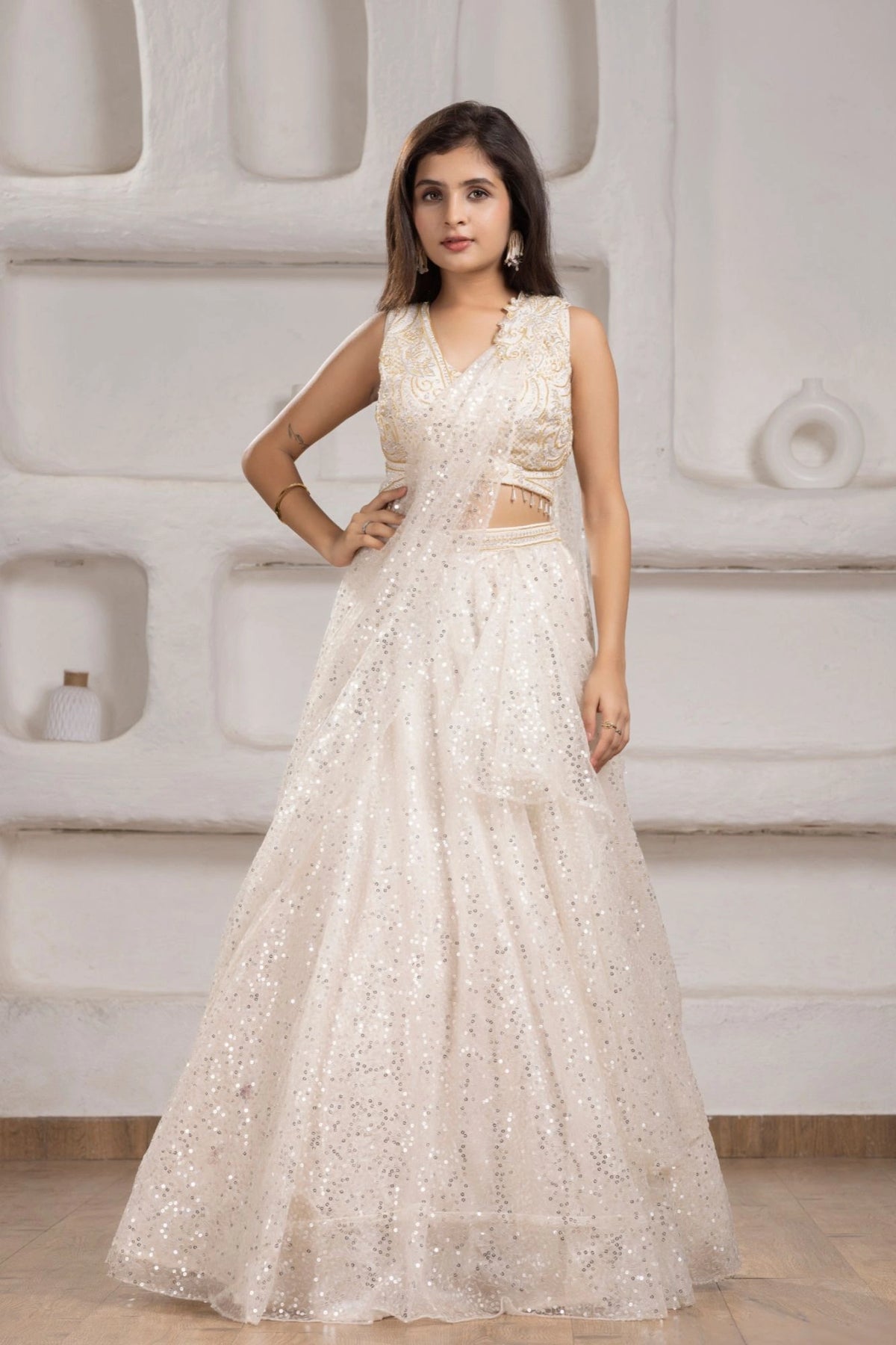Ivory Sequin Embroidered Lehenga Set with Net Dupatta For Girls