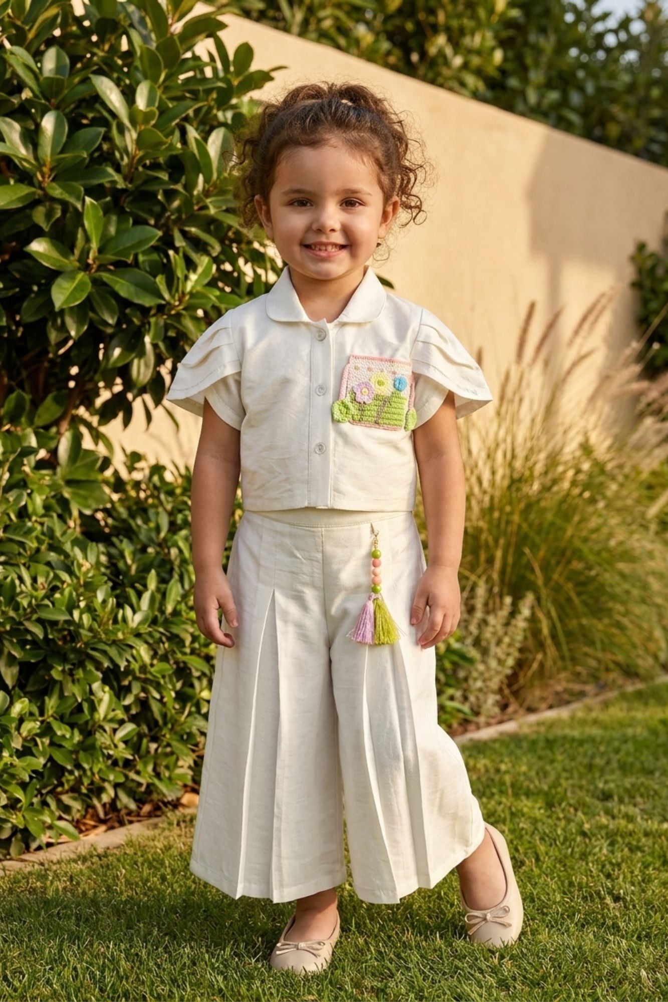 Girls Cream Pleated Co-Ord Set with Floral Patch Pocket