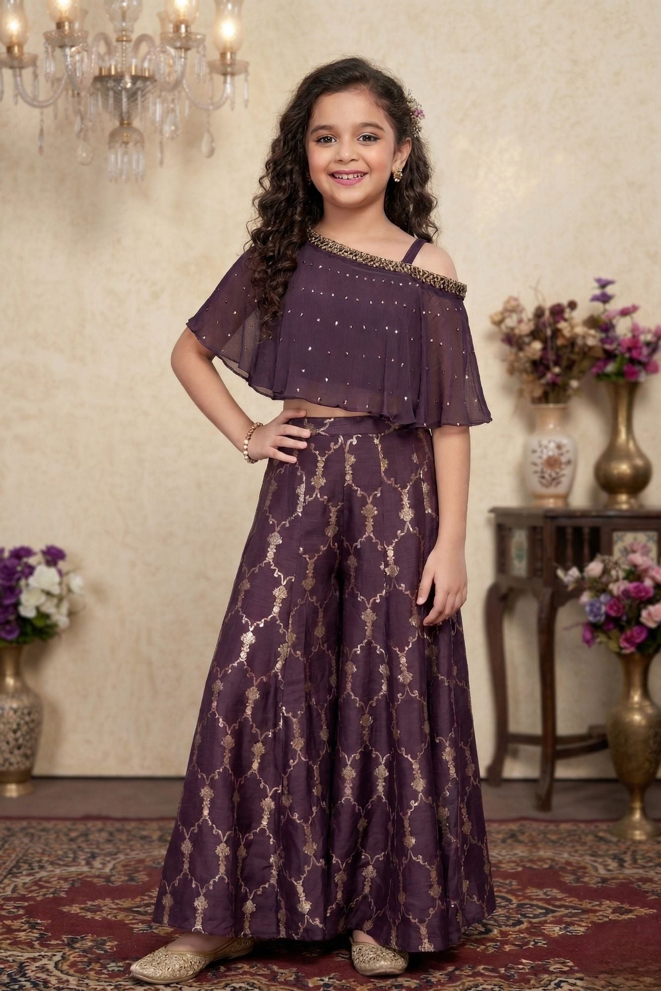 Wine One-Shoulder Cape Top With Gold Foil Print Palazzo Set For Girls
