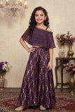 Wine One-Shoulder Cape Top With Gold Foil Print Palazzo Set For Girls