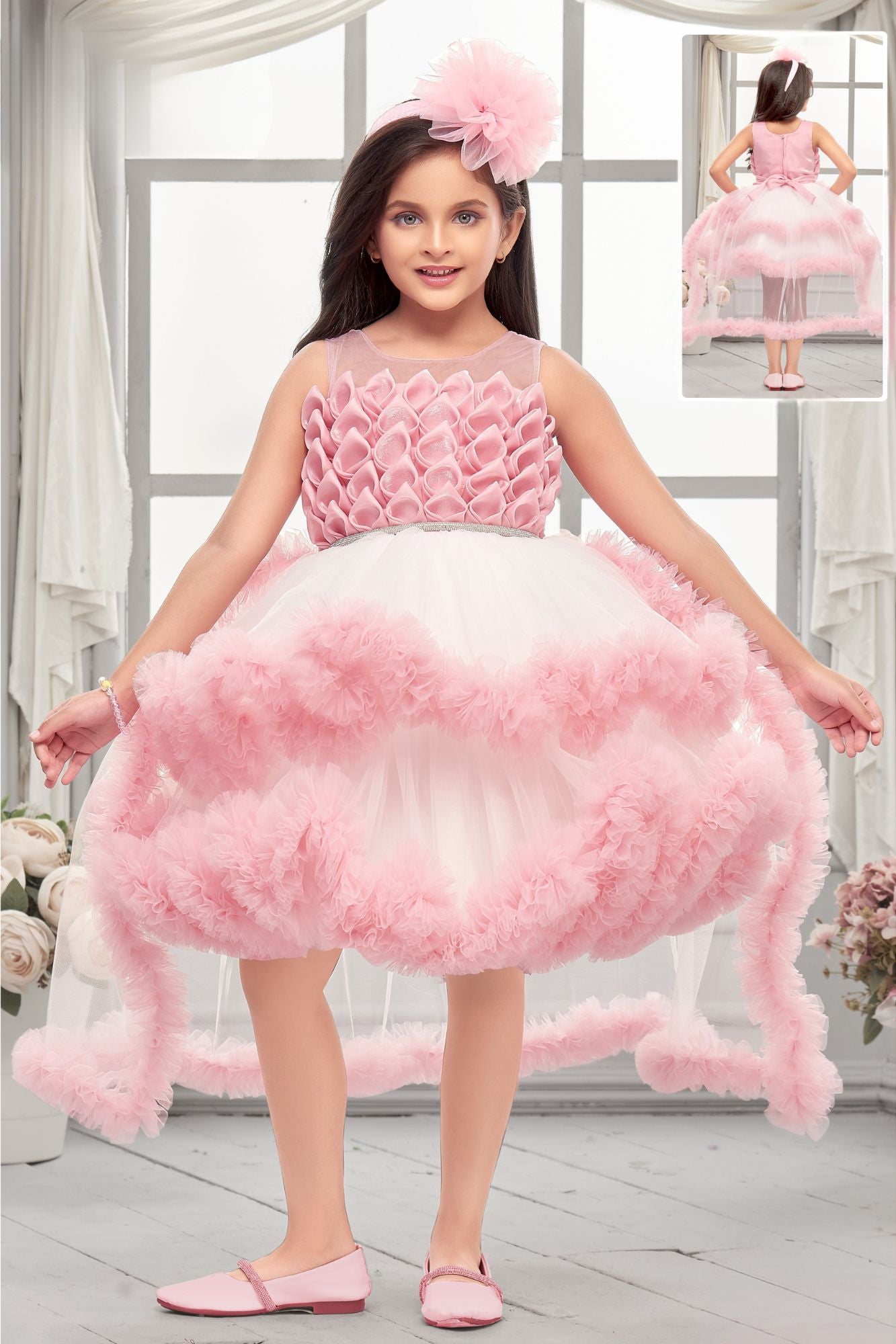 Peach High-Low Party Wear Tulle Frock with Ruffle Layers For Girls