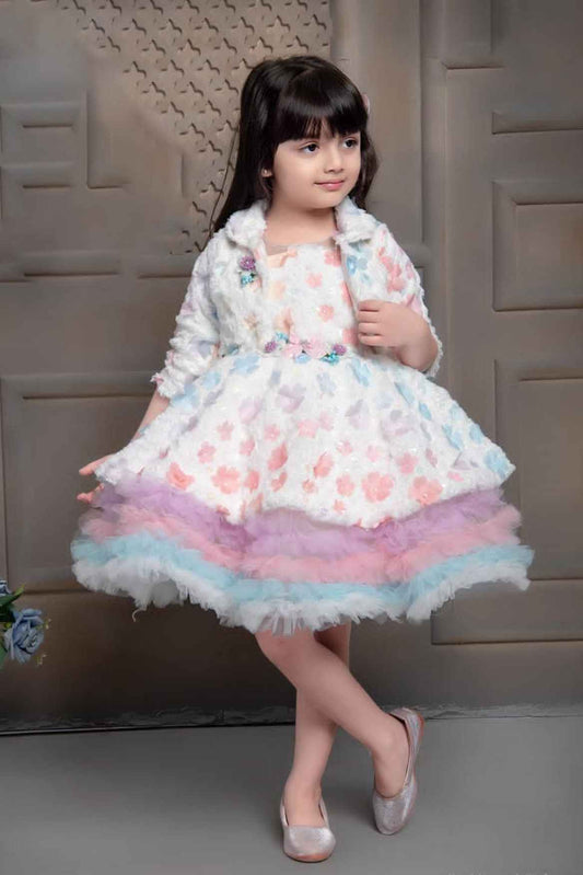 Floral White Multilayer Frill Party Wear Frock For Girls