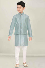 Classic Pista Green Kurta Set With Bandi For Boys