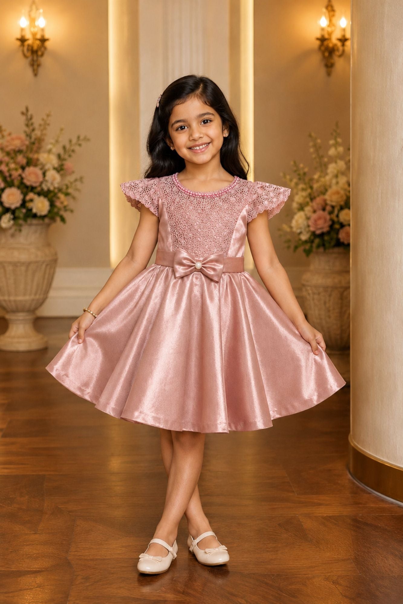 Dusty Pink Satin Party Frock with Floral Lace Bodice