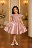 Dusty Pink Satin Party Frock with Floral Lace Bodice