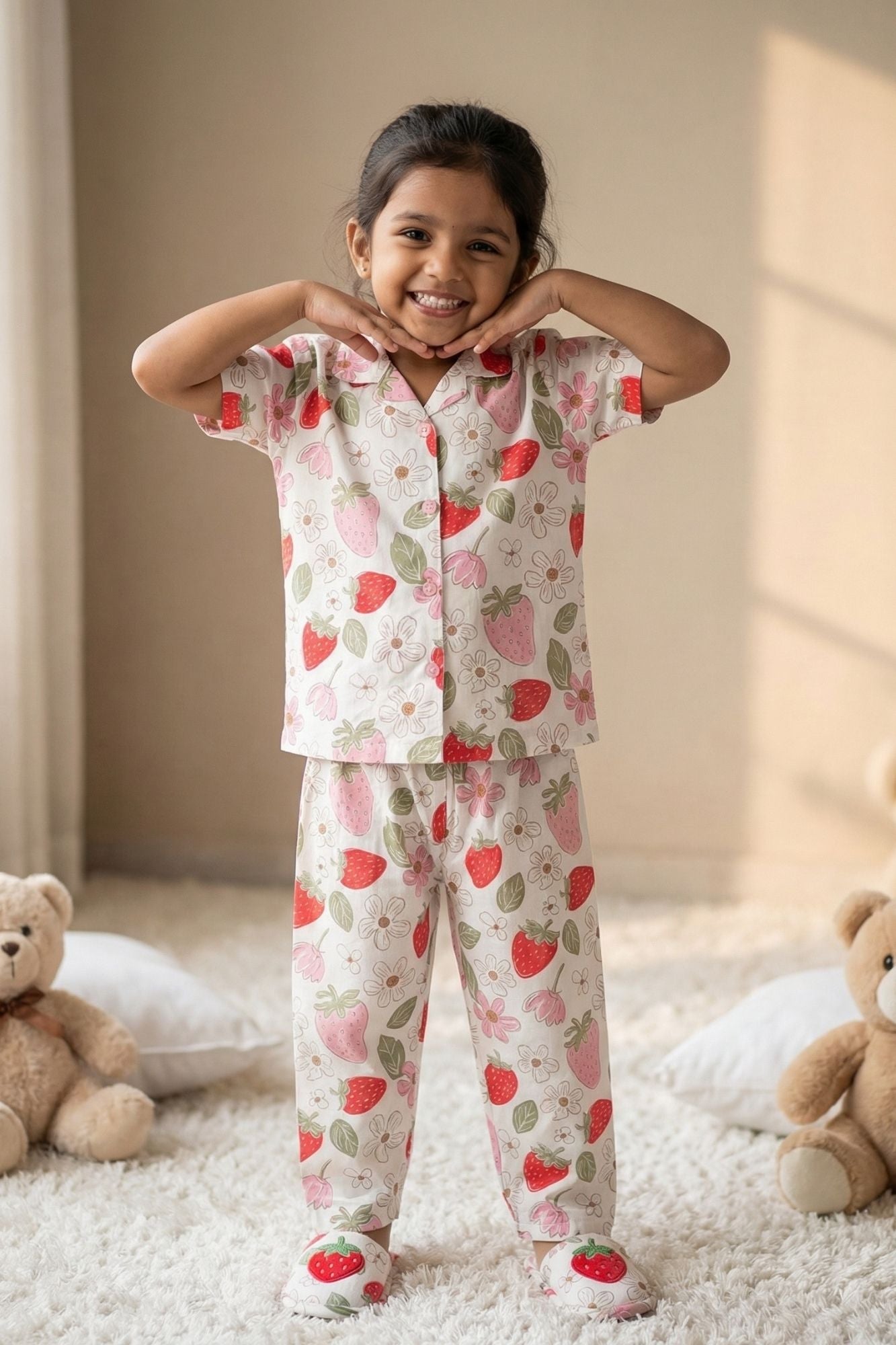 Off White Strawberry Floral Printed Night Suit Set For Girls