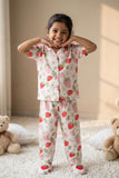 Off White Strawberry Floral Printed Night Suit Set For Girls