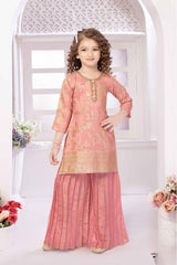 Peach Banarasi And Sequined Sharara Set For Girls