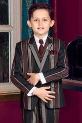 Classic Black And Maroon Vertical Striped Blazer Set For Boys