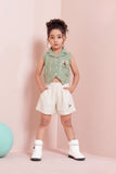 Girls Green Embroidered Sleeveless Jacket And Shorts Set