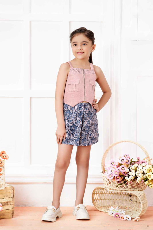 Peach With Blue Printed Top And Shorts Set For Girls