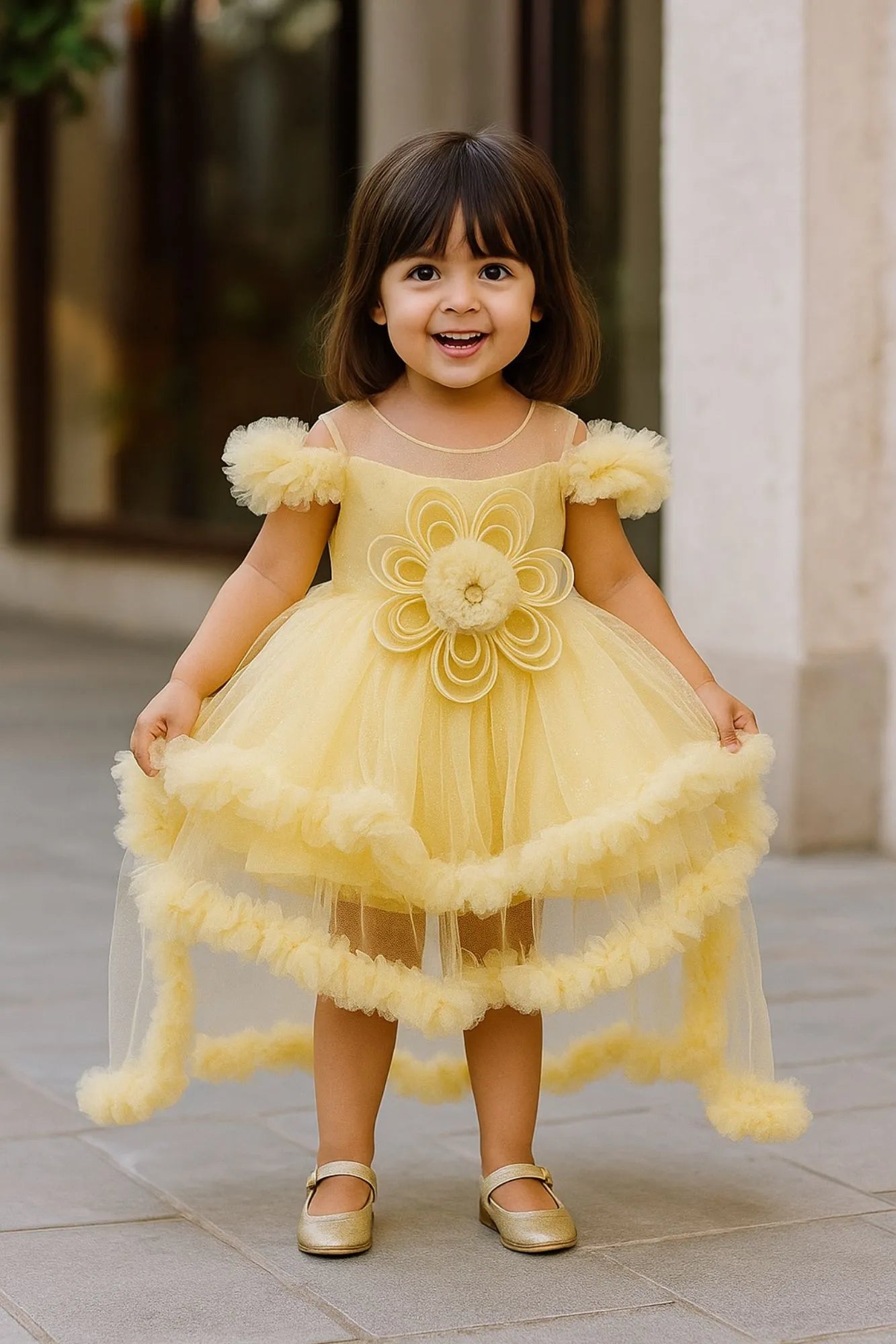 Lemon Yellow Ruffle Frock with 3D Floral Appliqué For Girls