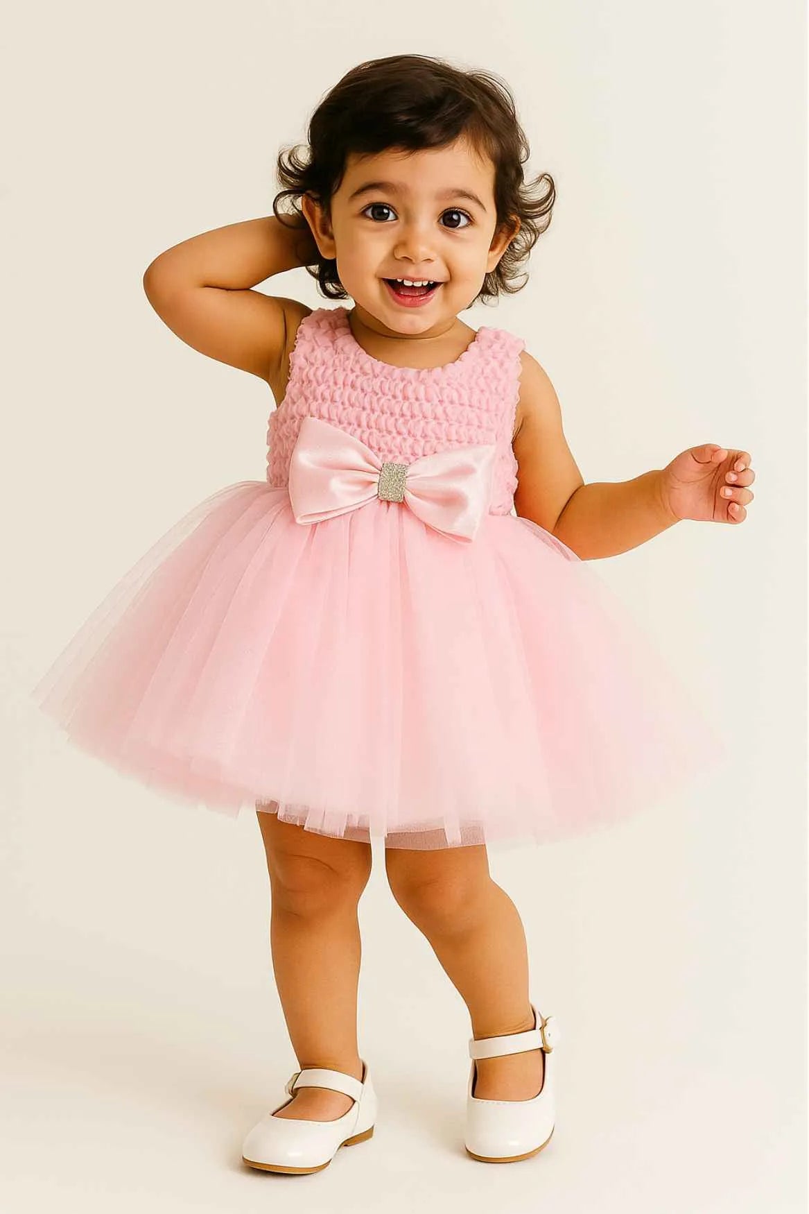 Pink Tulle Party Dress With Satin Bow For Girls