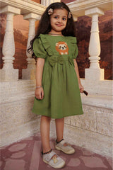 Stylish Green Casual Frock With Bow Embellished For Girls