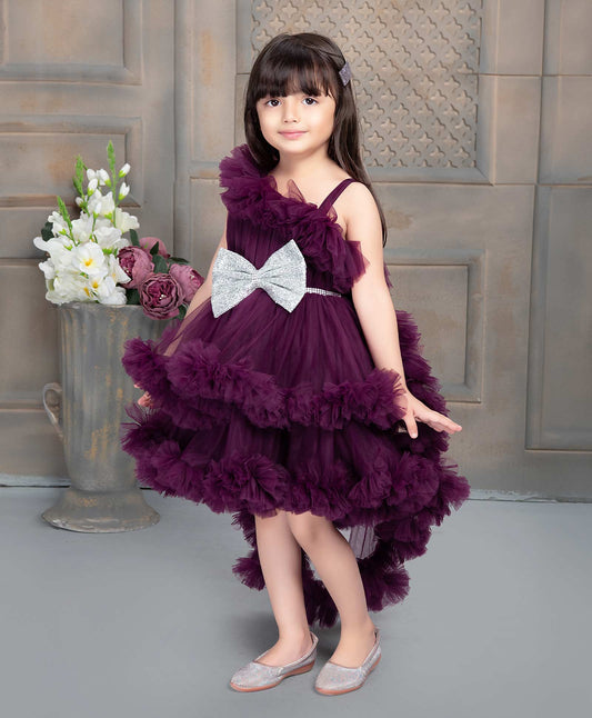 Wine Frock With Ruffled And Bow Embellishment For Girls