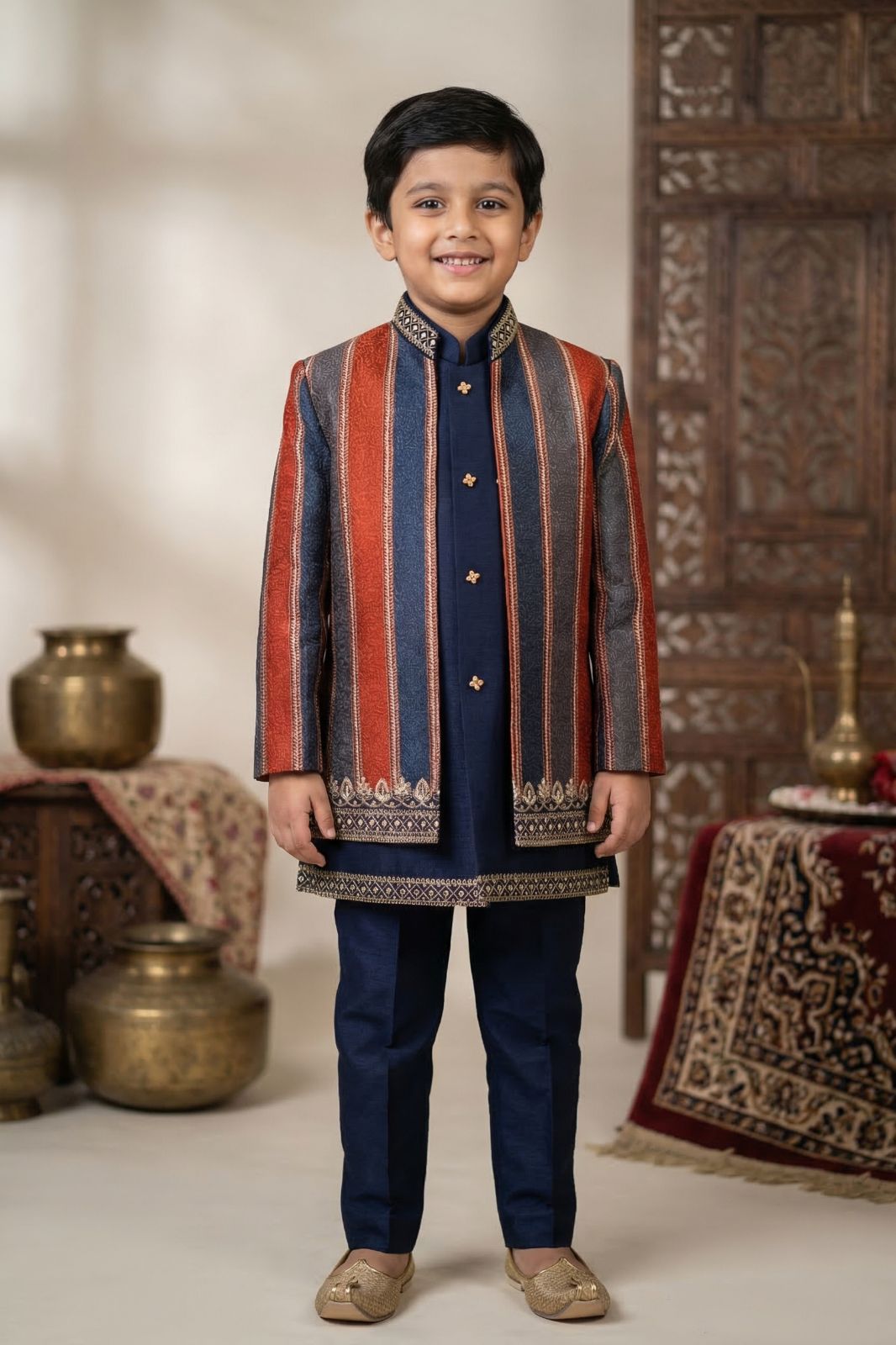 Premium Navy Blue Striped Thread Embroidered Indo Western Suit Set For Boys