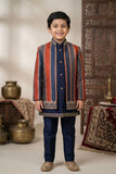Premium Navy Blue Striped Thread Embroidered Indo Western Suit Set For Boys
