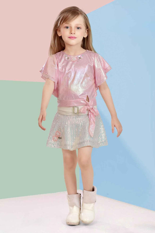 Fancy Shimmer Pink Top And White Skirt Set For Girls