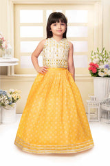 Yellow Bandhani Printed Lehenga Choli With Mirror And Embroidered For Girls