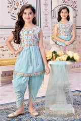 Blue Sleeveless With Sequins Embroidered Dhoti Set For Girls