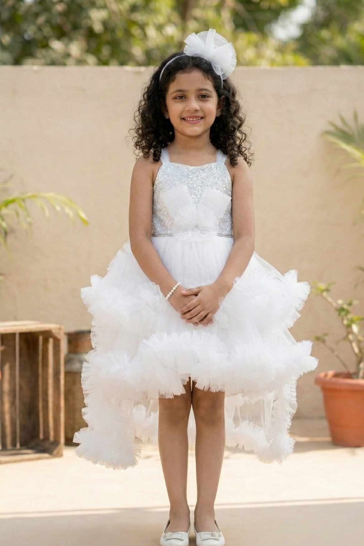 White Sequin High-Low Layered Party Frock with Bow For Girls
