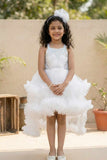 White Sequin High-Low Layered Party Frock with Bow For Girls
