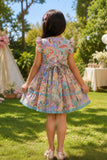 Girls Blue Dress with Multicolor Print And Embroidery Yoke