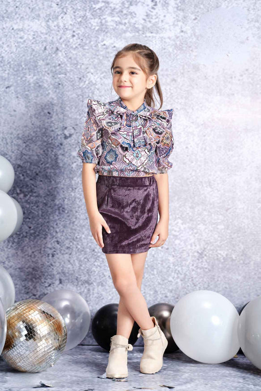 Wine Printed Top And Velvet Skirt Set For Girls