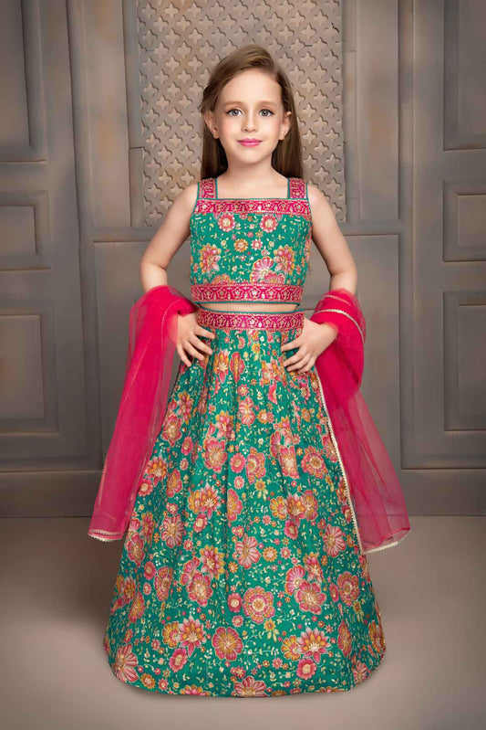 Green Sequin Work And Embroidered Lehenga Choli Set For Girls