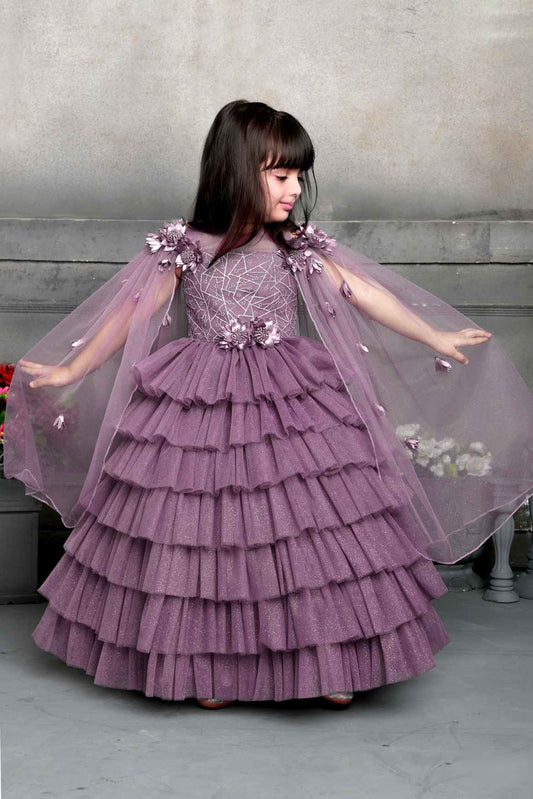 Purple Floral Embellished And Shimmery Gown With Multi Layers For Girls