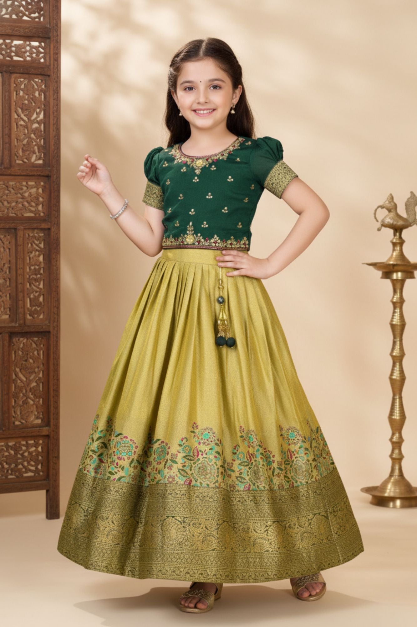 Bottle Green Silk  Pattu Pavadai with Puff Sleeves For Girls