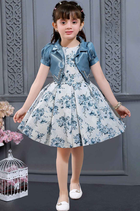 Blue Floral Printed Frock With Bolera For Girls