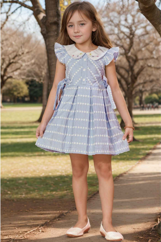 Blue Cotton Casual Frock With Peter Pan Collar For Girls