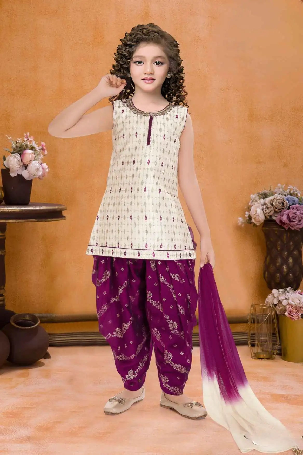 Cream and Wine Patiala Set With Embroidered Kurti And Dupatta For Girls